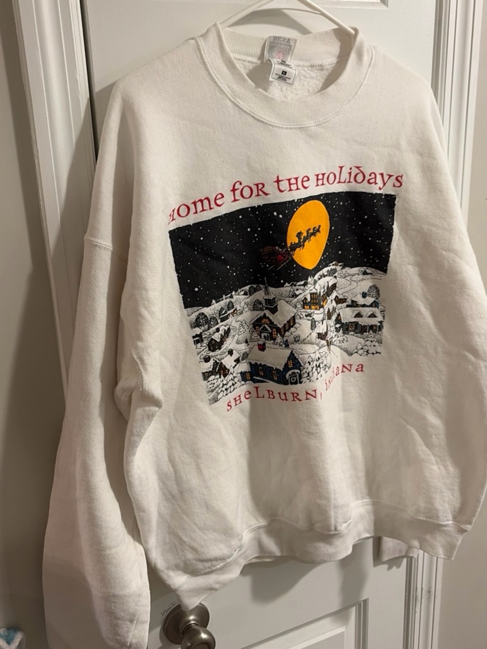 Fruit of the Loom White Holiday Crewneck with Moonlit Village Graphic
